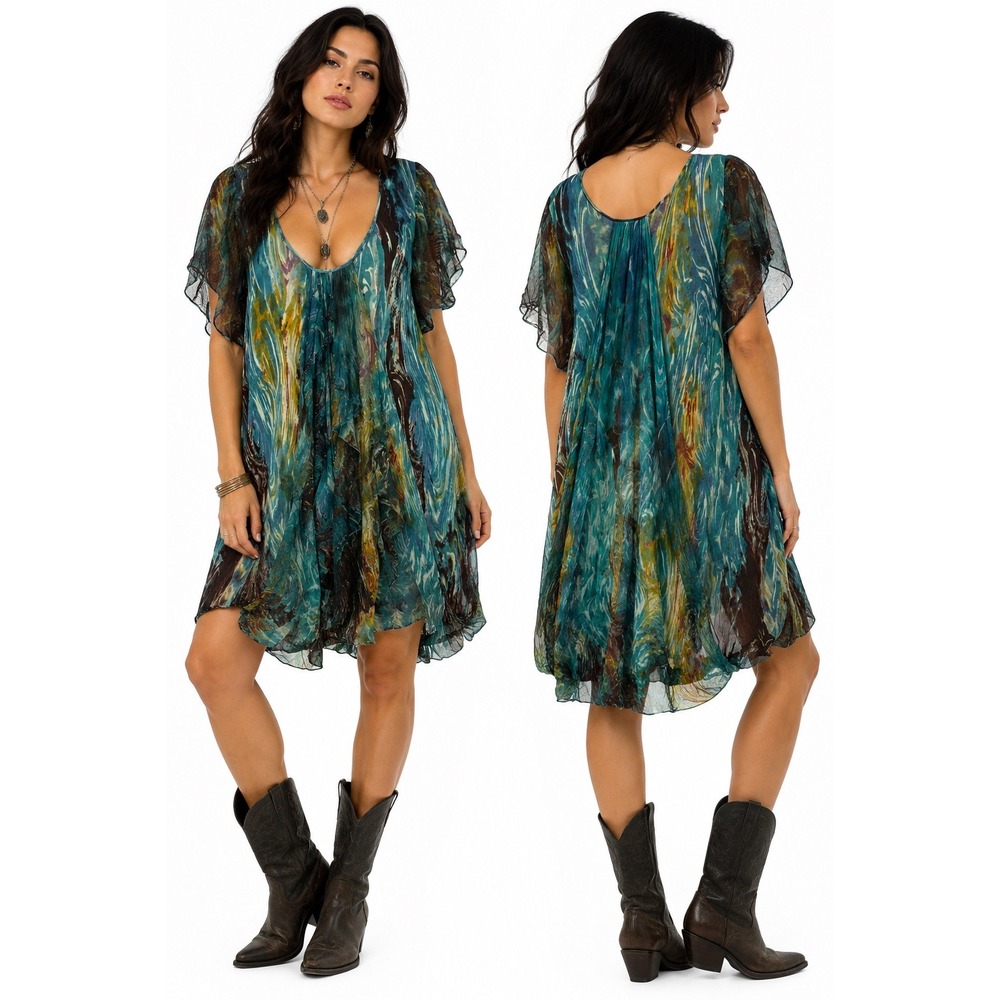 AS HIRO Abstract Watercolor Dress Teal Boho Lagenlook Sheer Ruffle Artsy Beaded